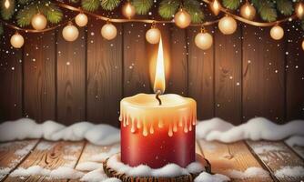 Burning candle Christmas decoration on wooden background photo