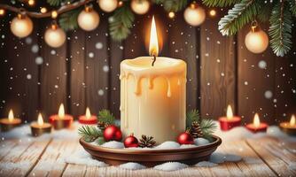 Burning candle Christmas decoration on wooden background photo