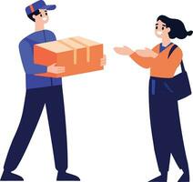 Hand Drawn a delivery man is delivering a package to a customer in flat style vector