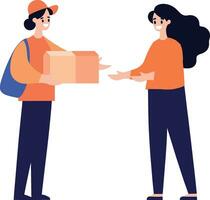 mano dibujado un entrega hombre es entregando un paquete a un cliente en plano estilo vector