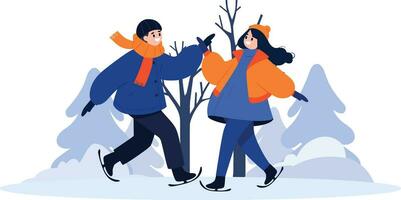 Hand Drawn couple character playing ice skating in winter in flat style vector