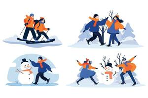 Hand Drawn couple character playing ice skating in winter in flat style vector