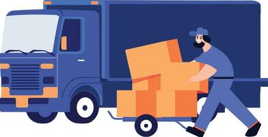 Hand Drawn Delivery man with delivery truck in flat style vector