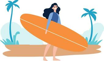 Hand Drawn Tourist teen characters are playing surfboards at the sea in flat style vector