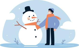 Hand Drawn Child character playing with snowman in winter in flat style vector