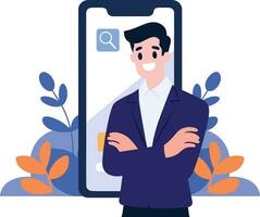 Hand Drawn Businessman with smartphone in online business concept in flat style vector