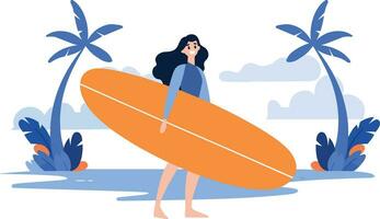 Hand Drawn Tourist teen characters are playing surfboards at the sea in flat style vector