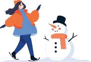 Hand Drawn female character playing ice skating in winter in flat style vector