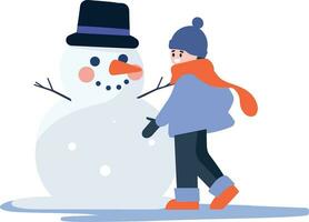 Hand Drawn Child character playing with snowman in winter in flat style vector