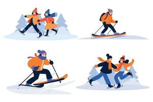 Hand Drawn couple character playing ice skating in winter in flat style vector