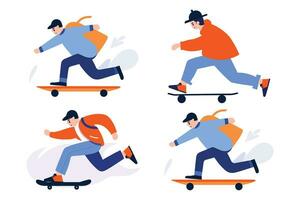 mano dibujado Adolescente caracteres jugando patinetas en plano estilo vector