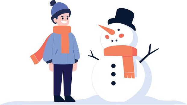 Hand Drawn Child character playing with snowman in winter in flat style vector