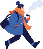 Hand Drawn A man wearing winter clothing walks on a path filled with snow in flat style vector