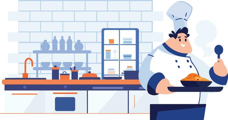 Hand Drawn Chef is cooking in the kitchen in flat style