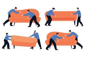 Hand Drawn A porter is moving a sofa for a customer in flat style vector