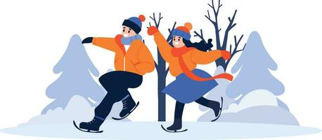 Hand Drawn couple character playing ice skating in winter in flat style vector