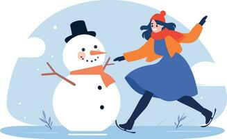 Hand Drawn female character playing ice skating in winter in flat style vector