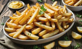 Fried potatoes french fries on wooden table photo