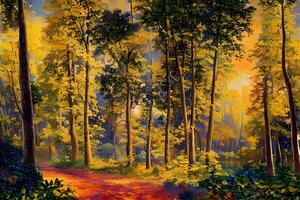 Impressionism Colorful Artistic Background Forest and River Painting Wallpaper photo