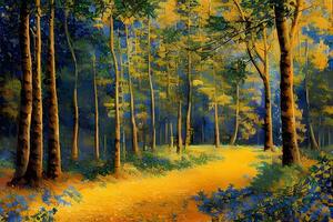 Impressionism Colorful Artistic Background Forest and River Painting Wallpaper photo