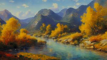 Impressionism Colorful Artistic Background Valley River and Mountain Painting Wallpaper photo