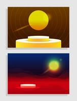 Set of neon red yellow 3d object cylinder pedestal podium display with gradient color minimal scene vector