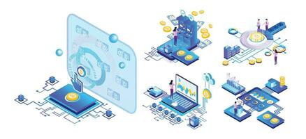 isométrica bitcoin, bitcoin minería, nube minería, criptomoneda inversión, bitcoin minería vector