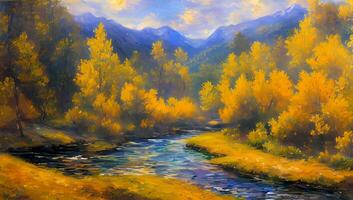 River and Mountain in Spring Time Artistic Painting Wallpaper Impressionism photo