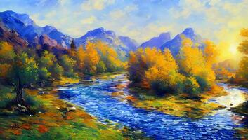River and Mountain in Spring Time Artistic Painting Wallpaper Impressionism photo