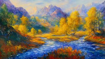 River and Mountain in Spring Time Artistic Painting Wallpaper Impressionism photo