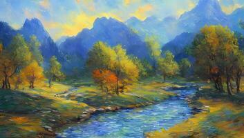 River and Mountain in Spring Time Artistic Painting Wallpaper Impressionism photo