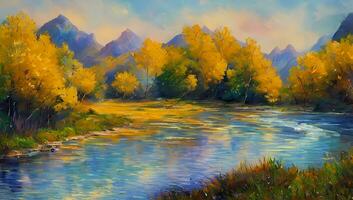 River and Mountain in Spring Time Artistic Painting Wallpaper Impressionism photo