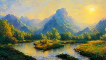 River and Mountain in Spring Time Artistic Painting Wallpaper Impressionism photo