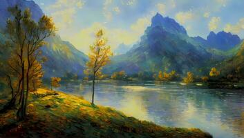 River and Mountain in Spring Time Artistic Painting Wallpaper Impressionism photo