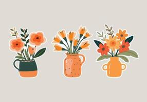 Set of flowers in vases. Hand drawn vector illustration in cartoon style.