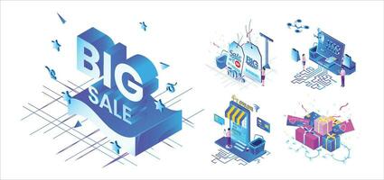 Isometric Shop, Big Sale, Gift Voucher, Shopping Online vector