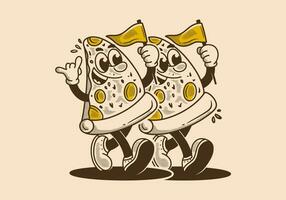 Mascot character illustration of walking pizza, holding a flag vector