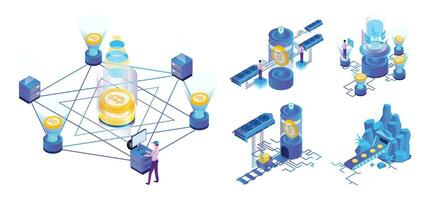 isométrica bitcoin bitcoin minería, nube minería, criptomoneda inversión, bitcoin minería vector