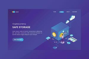 Isometric Bitcoin Cryptocurrency Safe Storage Landing page vector