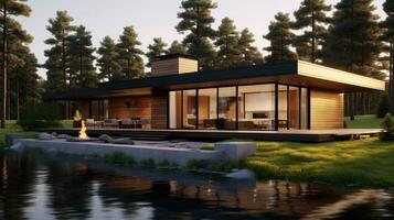 Eco-friendly modern house surrounded by trees, AI Generative photo