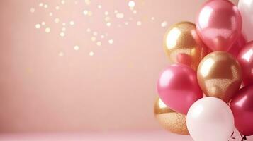 bouquets of gold and pink helium balloons on pink background, AI Generative photo
