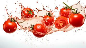 tomate chapoteo en blanco fondo, ai generativo foto