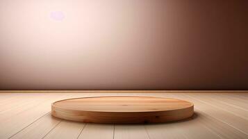pulcro de madera vacío mesa para presentación productos, ai generativo foto
