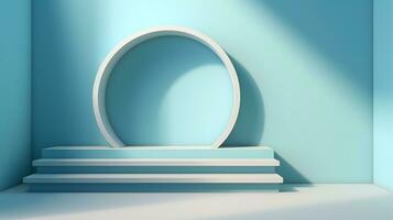 Empty podium for product display, light and shadow, light blue wall background, AI Generative photo