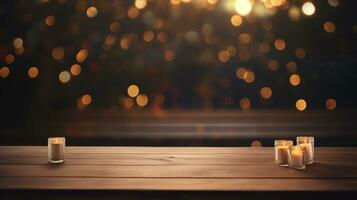Wooden table with bokeh lights for product display background, AI Generative photo