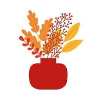 Flat vector autumn bouquet in red vase. Autumn foliage in ceramic vase