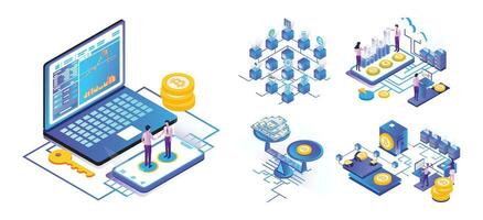 isométrica bitcoin, bitcoin análisis, bitcoin intercambiar tasa, minería, actas criptomoneda, blockchain criptomoneda aterrizaje página modelo vector