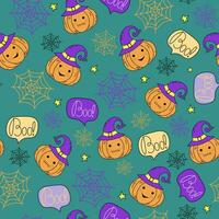 Pattern. Halloween, vector icons of pumpkin in a wizard's hat. Web. Drawings, doodles. Cute smiling Halloween pumpkin. Evil pumpkin. Vector print, repeating background for textile, wrapping paper.