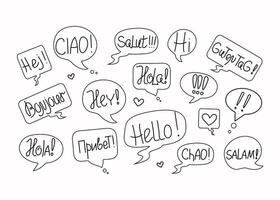 Short phrases in different languages, greetings. Information forms, speech bubbles. World Hello Day. November 21. Funny vector banner, Calligraphy lettering, words. Talk, communicate, social media.