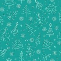 New Year's fir . Set of Christmas trees and snowflakes in doodle style. Icons. New Year vector illustration. Seamless background. For decoration of gift wrapping, textiles, wallpaper.